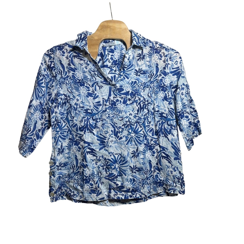 Cynthia Rowley Blue White Floral Linen Top Plus Size 1X Elbow Sleeve Button Side